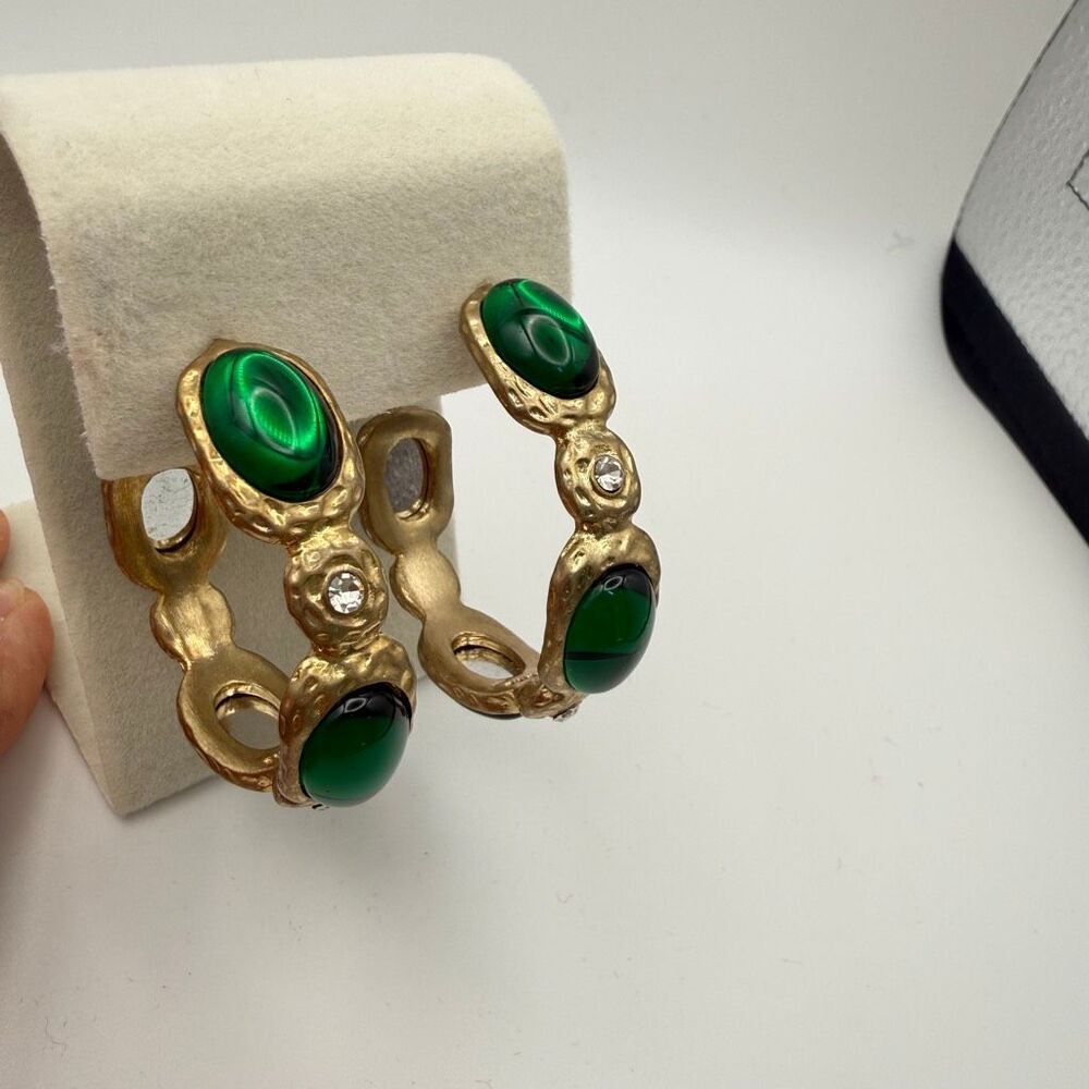 Kenneth Jay Lane vintage gold-tone hoop earrings faux emerald cabochons New